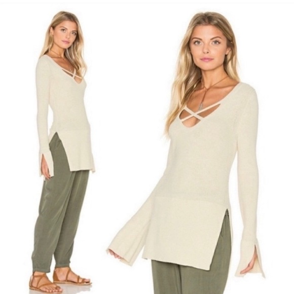 Free People Cream Knit Top with Criss-Cross Detail Size M. - Picture 2 of 8